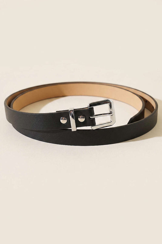 Cintura sottile con fibbia quadrata in metallo nero e argento