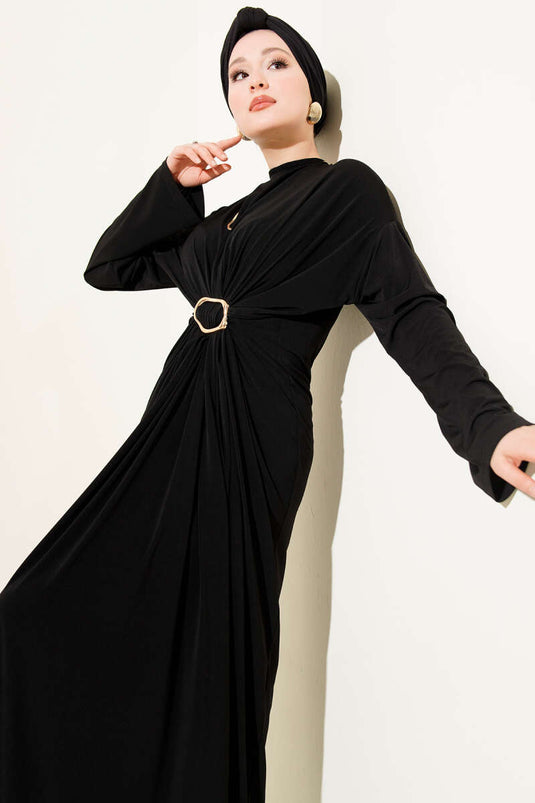 Robe Sandy noire à cordon froncé avec boucle en métal