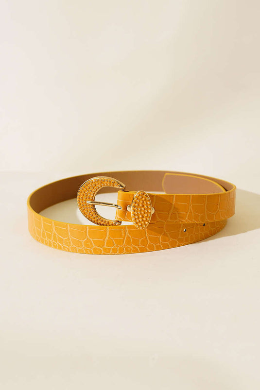 Ceinture crocodile avec boucle en métal moutarde