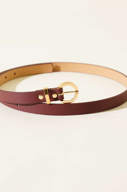 Thin Belt with Metal Round Buckle, Burgundy