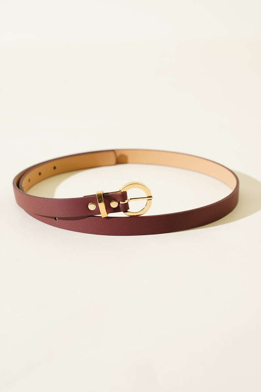 Thin Belt with Metal Round Buckle, Burgundy