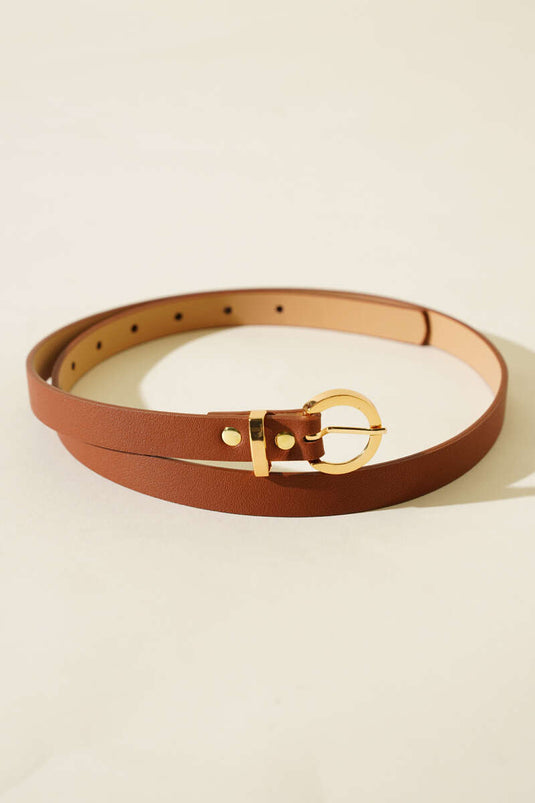 Cintura sottile con fibbia rotonda in metallo color cuoio