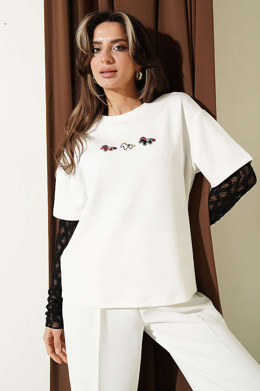 Midilli Embroidered Modal T-shirt Ecru