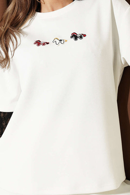 Midilli Embroidered Modal T-shirt Ecru