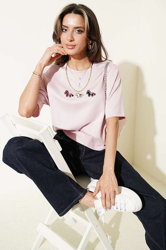 Midilli Nakışlı Modal T-shirt Pembe