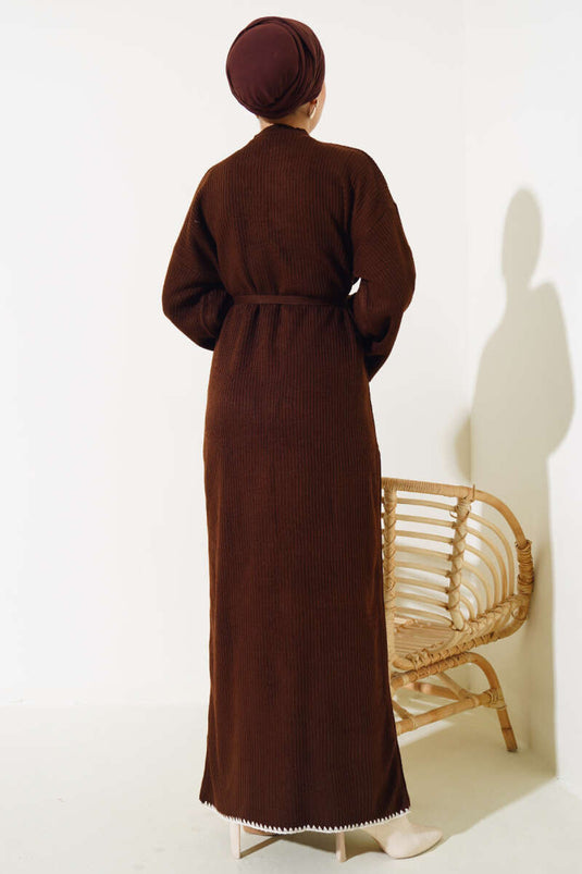 Robe En Maille Côtelée Surpiquée Moules Marron