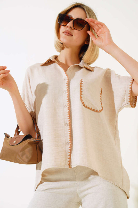 Mussel Stitched Short Sleeve Shirt Beige