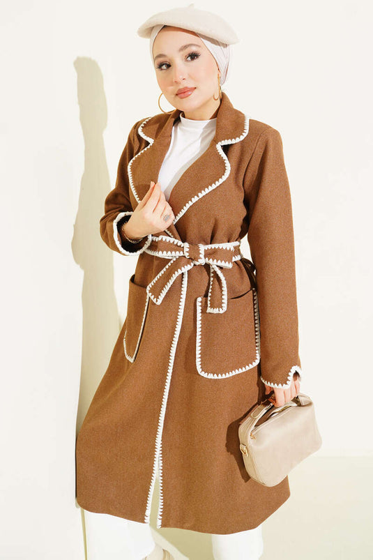 Midye Dikişli Kuşaklı Kaşe Kaban Camel