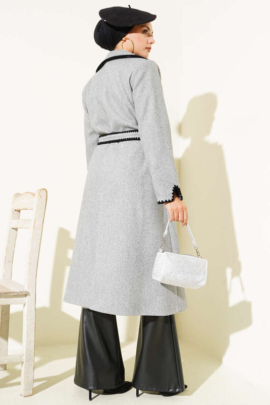 Gray Cashmere Coat with Seashell Stitch and Belt