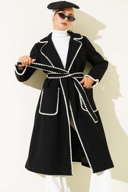 Black Cashmere Coat with Seashell Stitch and Belt