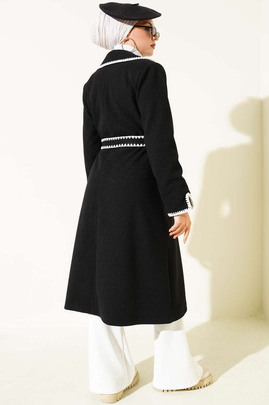 Black Cashmere Coat with Seashell Stitch and Belt
