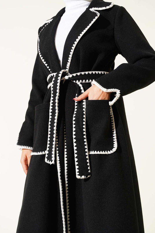 Black Cashmere Coat with Seashell Stitch and Belt