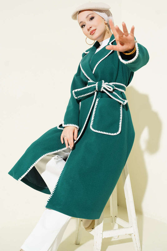 Midye Dikişli Kuşaklı Kaşe Kaban Zümrüt