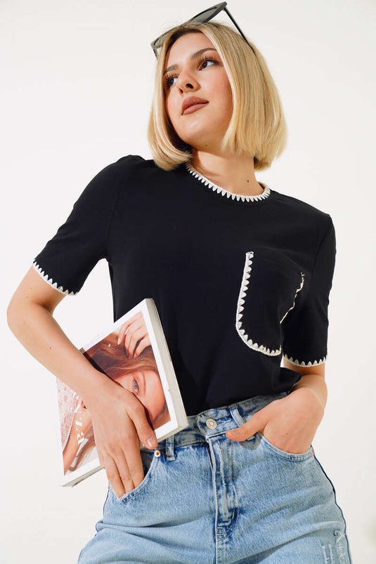 Midye Dikişli T-shirt Siyah