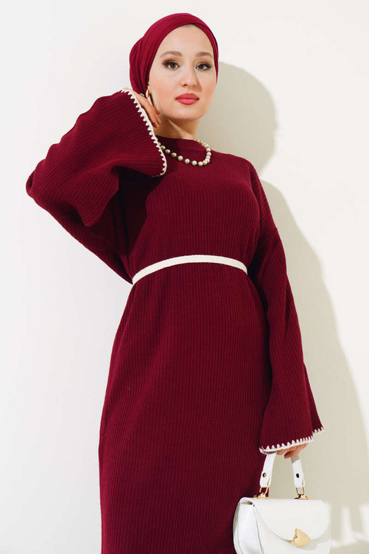 فستان محبوك بخياطة بلح البحر، لون عنابي