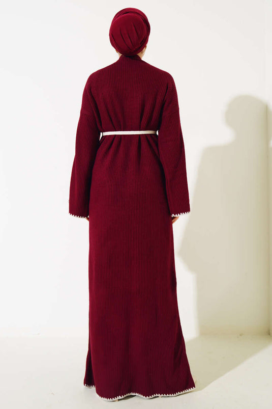 فستان محبوك بخياطة بلح البحر، لون عنابي