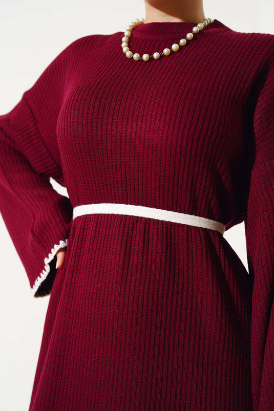 فستان محبوك بخياطة بلح البحر، لون عنابي