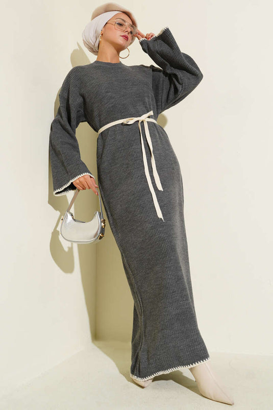 Midye Dikişli Triko Elbise Füme