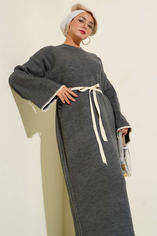 Midye Dikişli Triko Elbise Füme