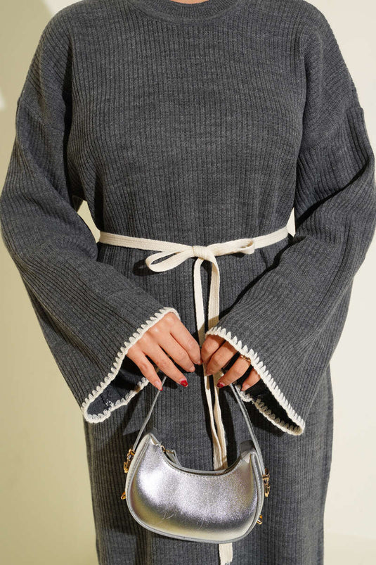 Midye Dikişli Triko Elbise Füme