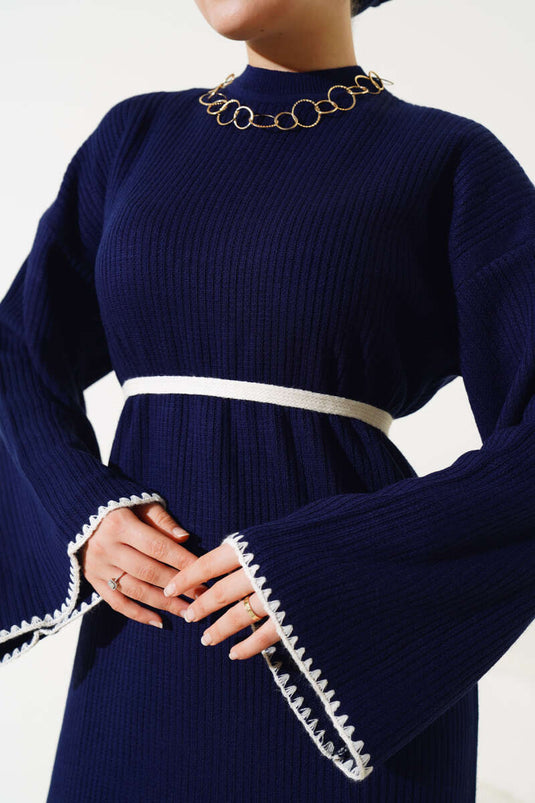 Midye Dikişli Triko Elbise Lacivert