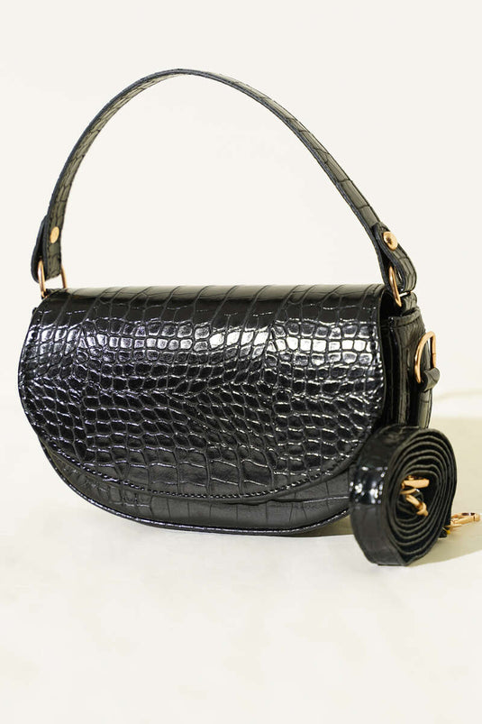 Sac à main ovale magnétique noir croco