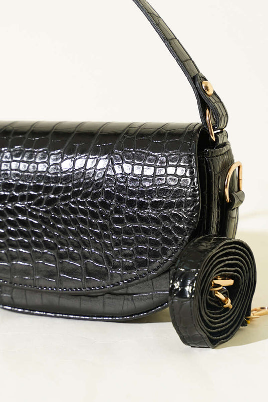 Sac à main ovale magnétique noir croco