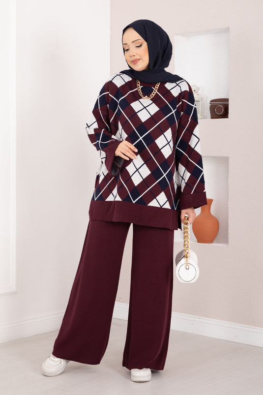 Milano Baklava Desen Tesettür Triko Takım Bordo