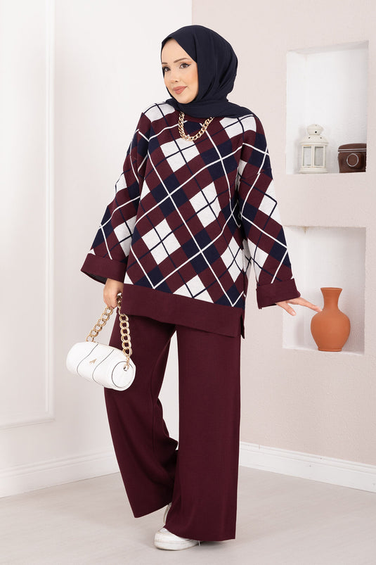 Milano Baklava Desen Tesettür Triko Takım Bordo