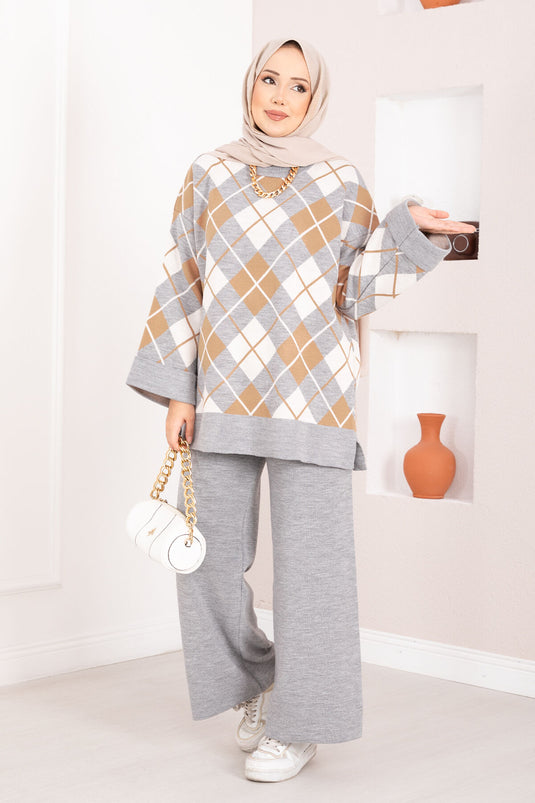 Milano Baklava Desen Tesettür Triko Takım Gri
