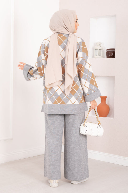 Milano Baklava Desen Tesettür Triko Takım Gri