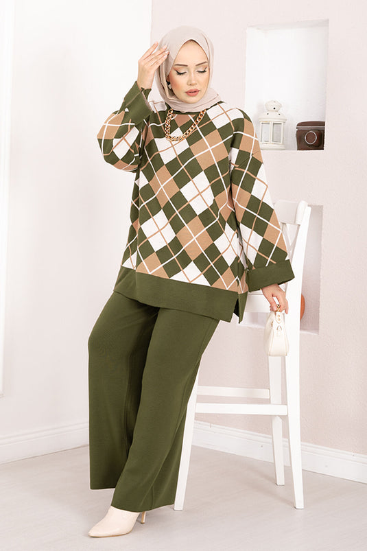 Ensemble hijab tricoté à motif baklava Milano kaki