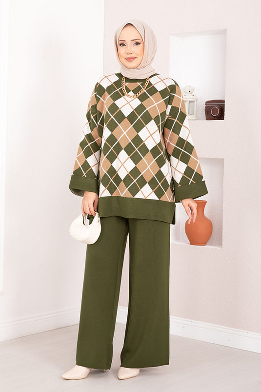 Ensemble hijab tricoté à motif baklava Milano kaki