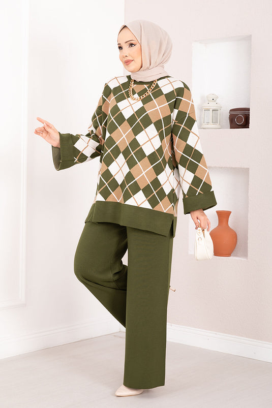 Ensemble hijab tricoté à motif baklava Milano kaki
