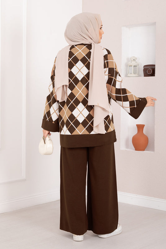 Milano Baklava Desen Tesettür Triko Takım Kahve