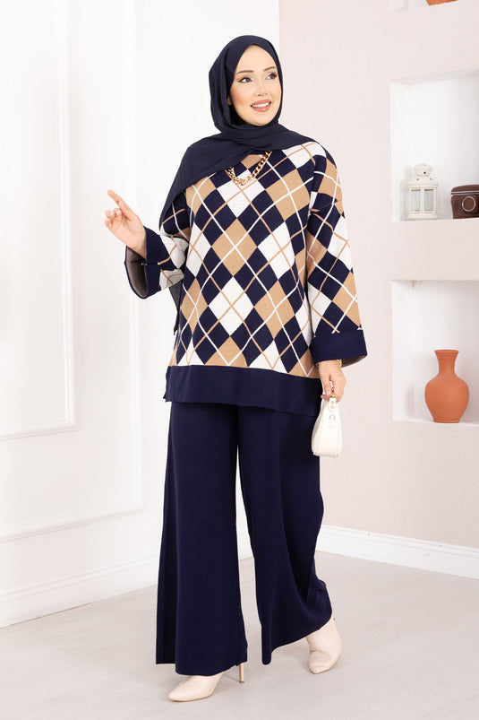 Milano Baklava Desen Tesettür Triko Takım Lacivert