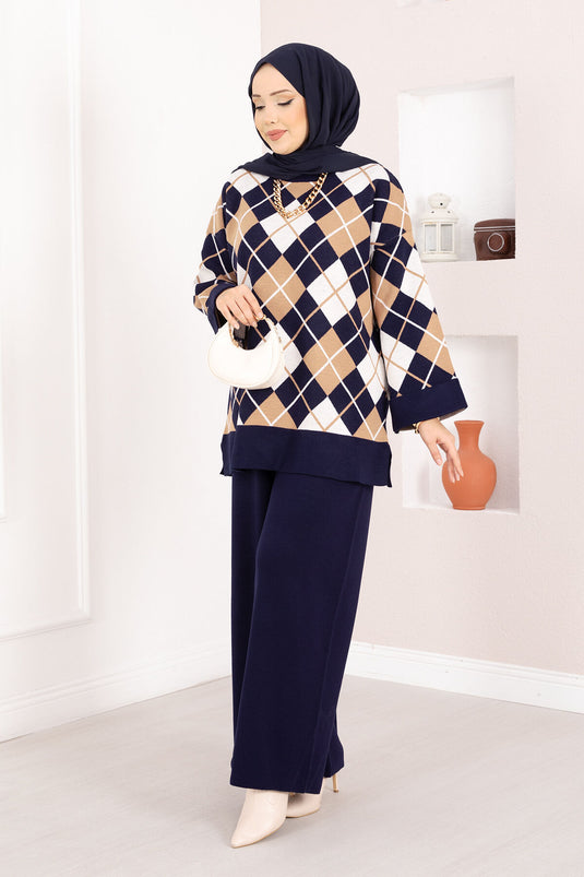 Milano Baklava Desen Tesettür Triko Takım Lacivert
