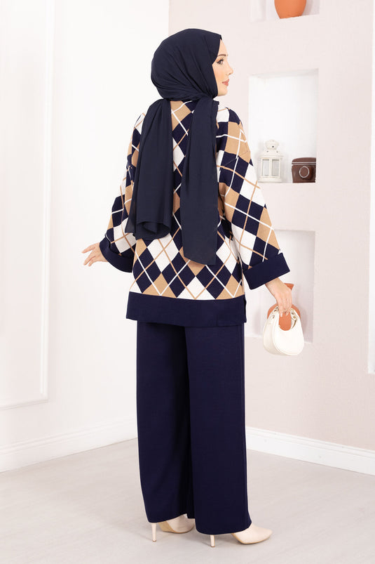 Milano Baklava Desen Tesettür Triko Takım Lacivert