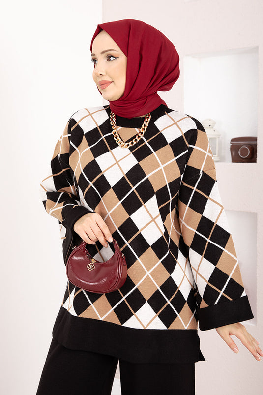 Milano Baklava Desen Tesettür Triko Takım Siyah