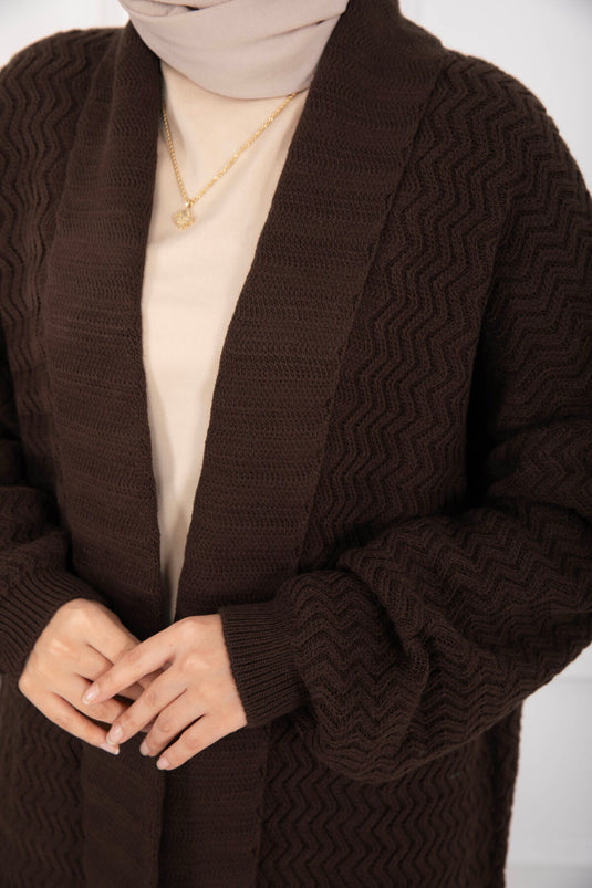 كارديجان مينا طويل محبوك بياقة شال، لون بني فاتح