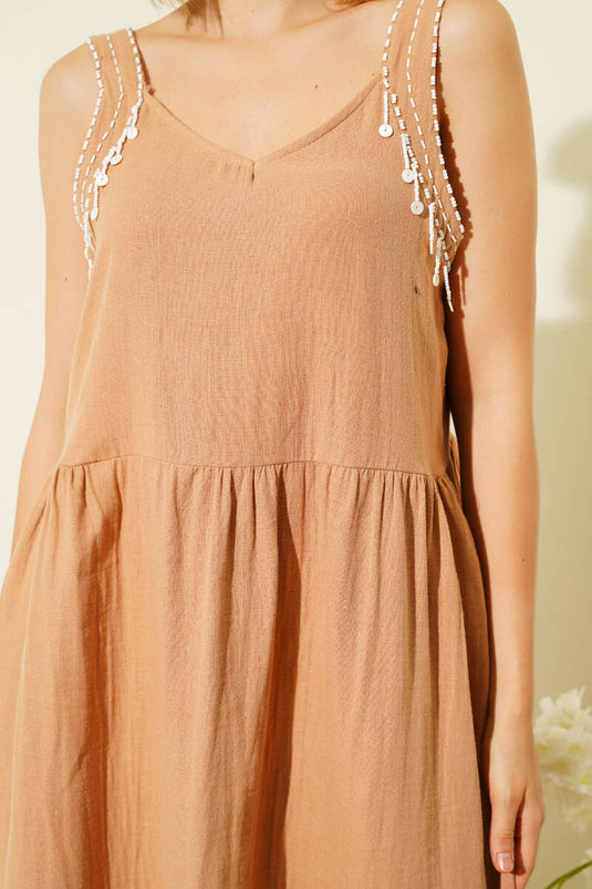 Mini Boncuk Detaylı Elbise Latte