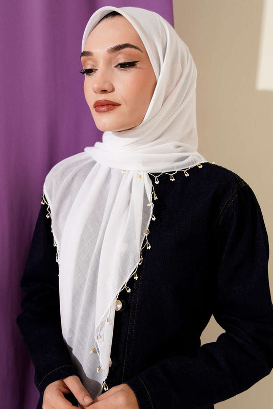 Mini Beaded Detail Scarf White