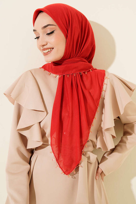 Mini Beaded Detail Scarf, Red