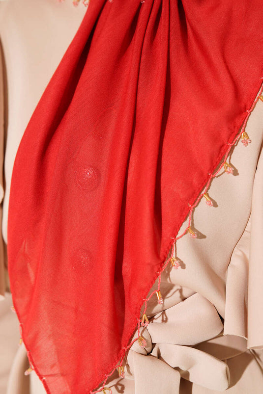 Mini Beaded Detail Scarf, Red