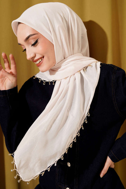 Mini-Schal mit Perlenverzierung, Creme