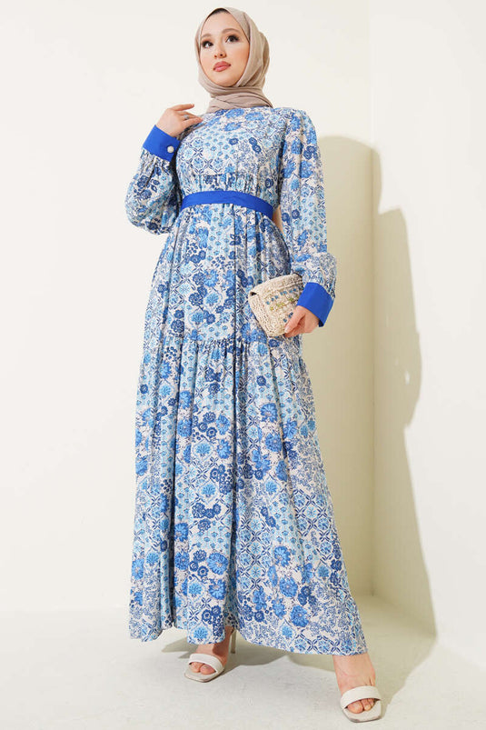 Mini Çiçek Desenli Elbise Saks