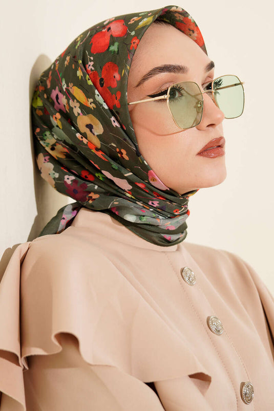 Mini Flower Detailed Soft Scarf Emerald