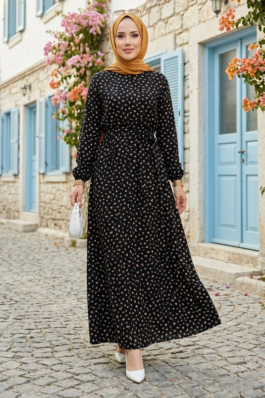 Mini-Blumenmuster Taillierter Tesettür-Kleid Schwarz