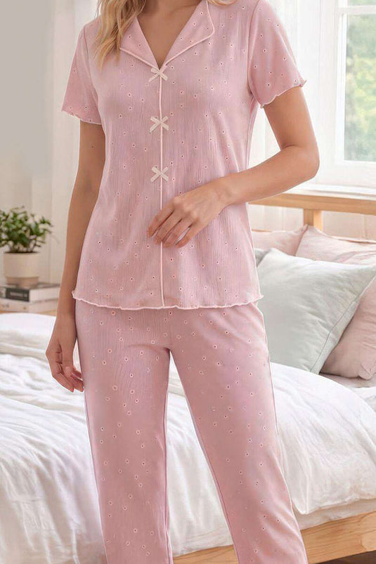 Ensemble de pyjama rose à mini fleurs avec nœud