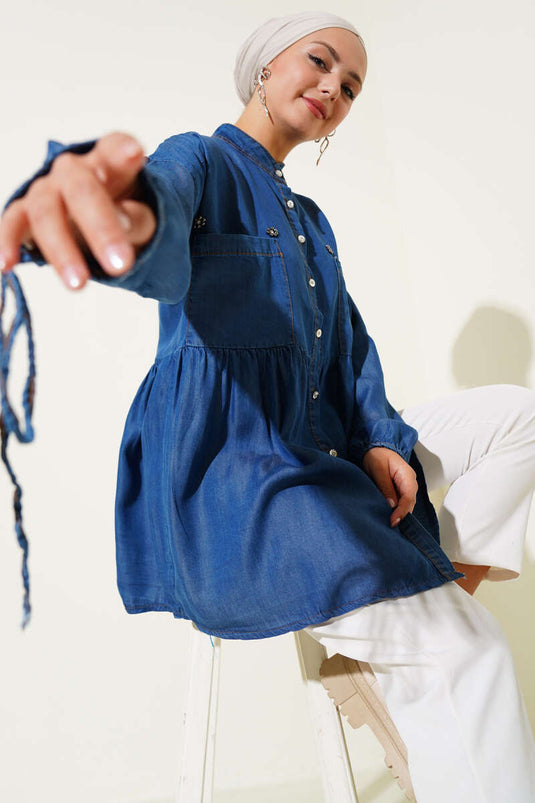 Mini Çiçekli Göğüs Cepli Kot Gömlek Koyu Mavi